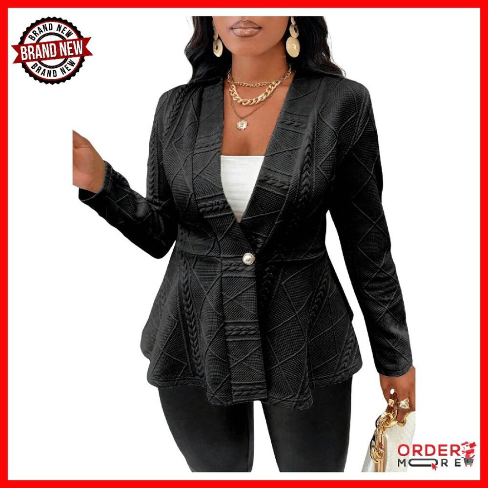 Plus Size Textured Button Down Blazer Ruffle Hem Slim Fit Jacket